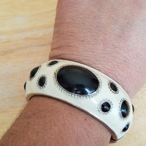 Beautiful Vintage Silvertone Metal Black And Off White Cream Color Polka Dots Enamel Clamper Bangle Bracelet image 9