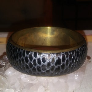 Gorgeous Beautiful Vintage Black Leather Brass Metal Bangle Bracelet Black Snakeskin Leather Bangle Bracelet