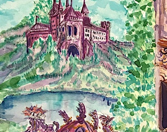 Fairy Tale Coach and Castle, Original Watercolor Painting