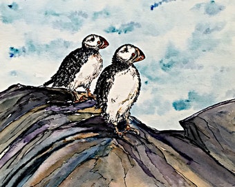 Puffin Couple #2, Icelandic Bird, original watercolor painting