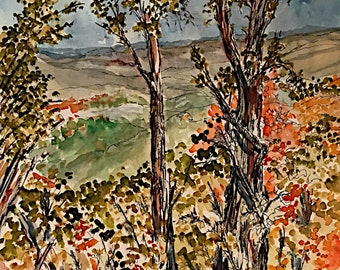 October on the Blue Ridge Parkway, Asheville, Original Watercolor Painting Framed