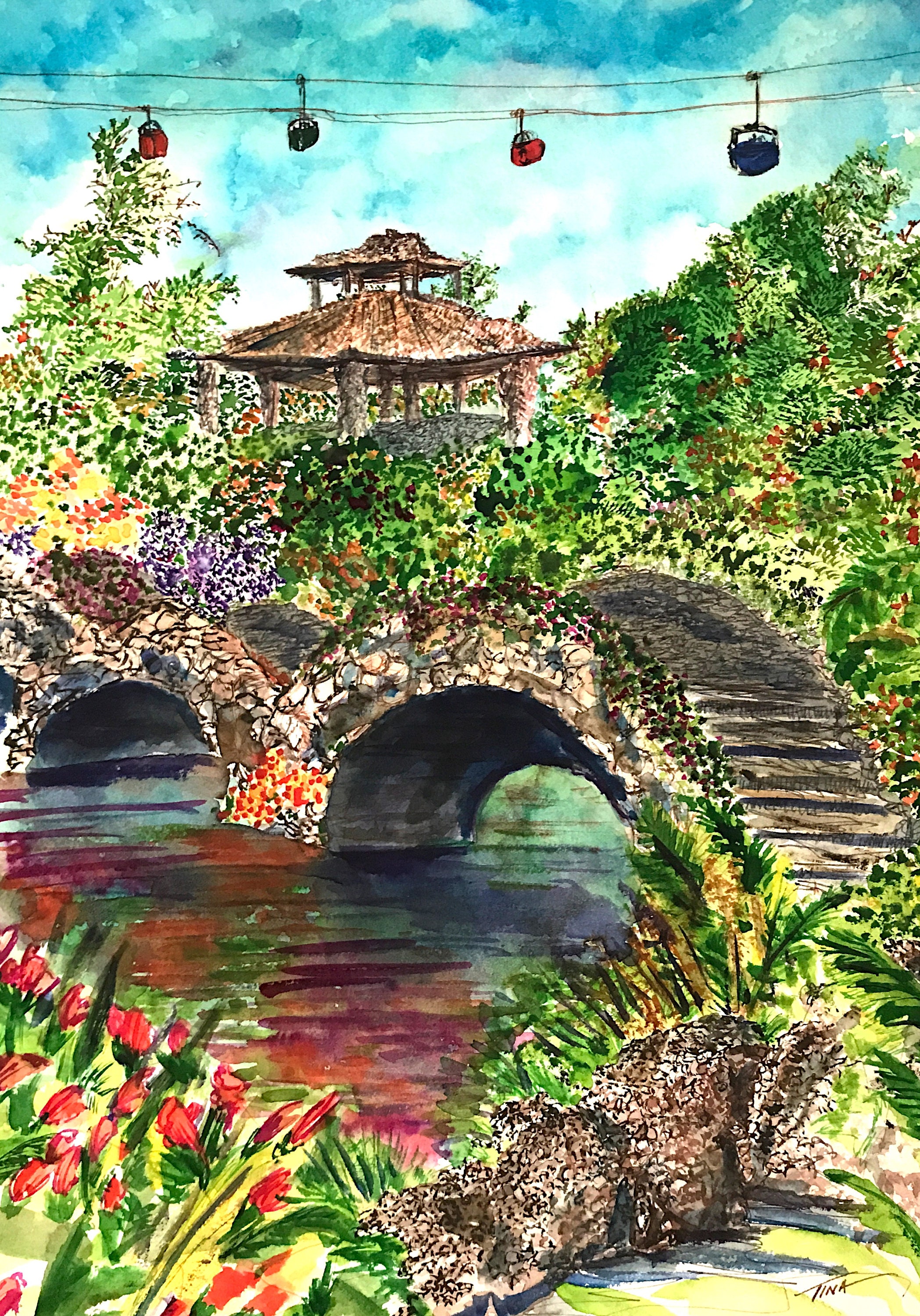 Skyride Over Sunken Gardens San Antonio Original Watercolor Etsy