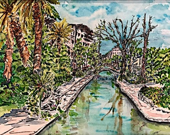 Palms Along The Riverwalk, San Antonio, Original Watercolor Painting