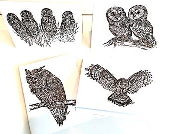 Owl Prints, Set of Four signed and numbered, triple matted prints