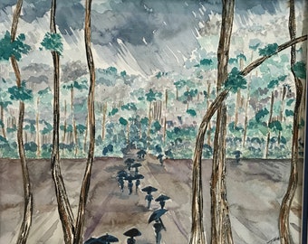 School Girls Walking In The Rain, Hong Kong,Original Watercolor Painting