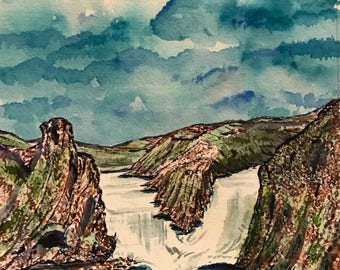 Hjalparfoss Waterfall, Summer, Unity Waterfall Iceland, original watercolor painting