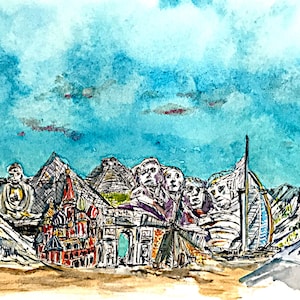 Around The World Sights, Original Watercolor Painting Framed