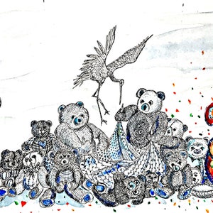 Welcoming Baby, original watercolor and pen and ink