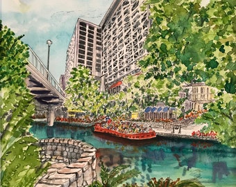 Rio Taxi Stop Along The San Antonio Riverwalk, Original Watercolor Painting