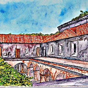 Courtyard of the convent, Iglesia y Convento de las Capuchinas, original watercolor, 8.5"x11"