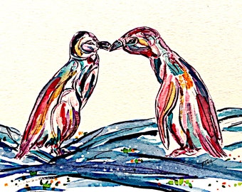 Penguin Couples Series, African Penguins, original watercolor painting