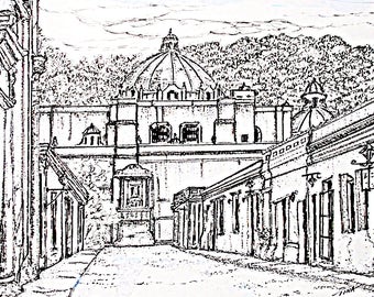 Antigua Street Scene, Number 1, original pen and ink drawing