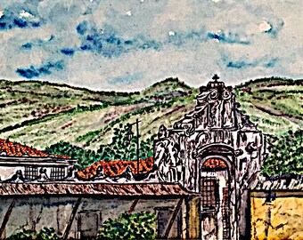 Iglesia de San Francisco El Grande, Antigua, Guatemala, side gate entrance, original watercolor