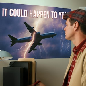 May include: A poster with the text "IT COULD HAPPEN TO YOU" above an image of a blue airplane being struck by lightning. A man wearing a plaid cap and a tan jacket is looking at the poster.