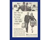 RCA Victor quot Thin Twin quot Portable Televisions Original 1959 Vintage Black White Print Ad - College Students in their Dorm Rooms Watching TV