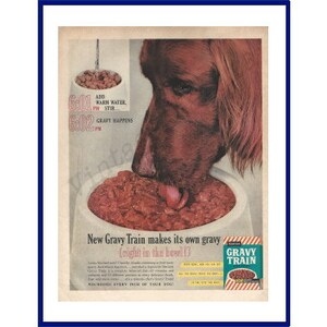 GAINES GRAVY TRAIN Original 1961 Vintage Extra Large Color Print Advertisement "World's Only Dog Food That Makes Its Own Gravy" Irish Setter