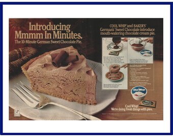 Cool Whip & Baker's German's Sweet Chocolate Original 1980 Vintage Color Print Advertisement - German Sweet Chocolate Cream Pie Recipe