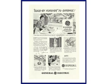 GE GARBAGE DISPOSAL Original 1948 Vintage Black & White Print Advertisement - General Electric Disposall; Kitchen Appliance