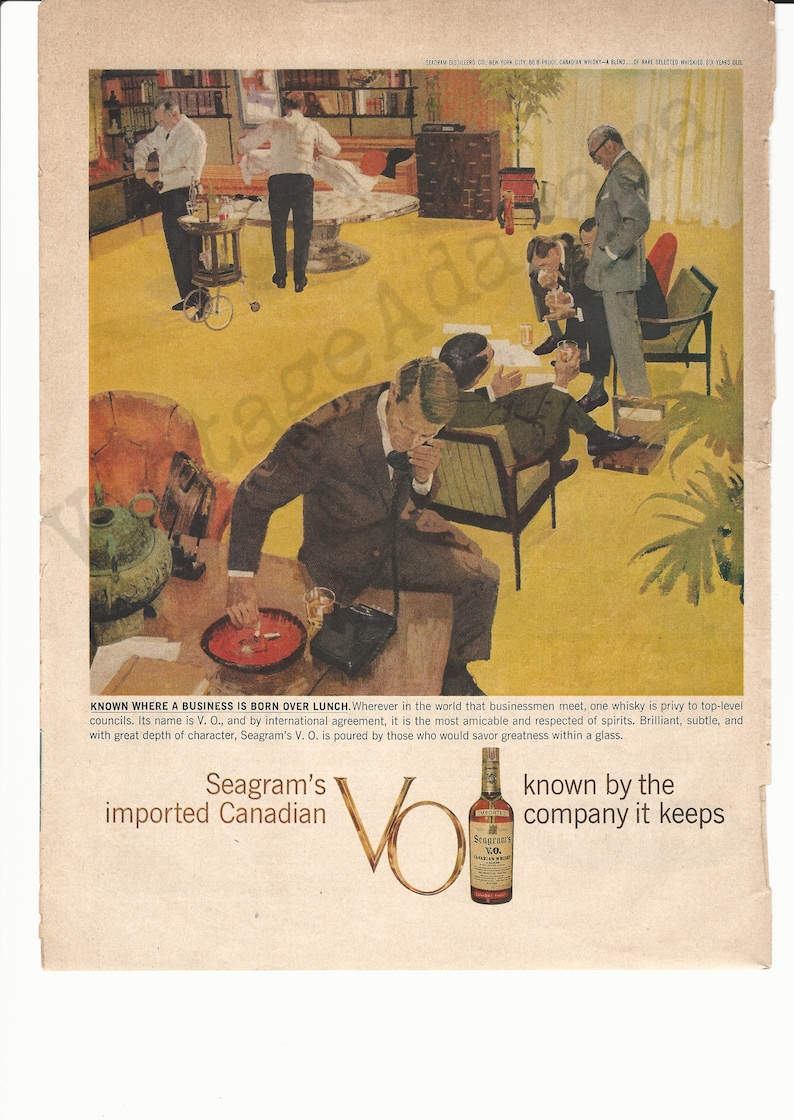 SEAGRAM/'S V.O CANADIAN Whisky Original 1959 Vintage Extra Large Color Print Advertisement Known Where A Business Is Born Over Lunch