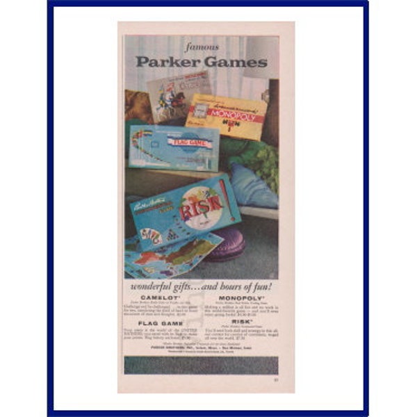 PARKER GAMES Board Games Original 1961 Vintage Color Print Advertisement "Famous Parker Games Wonderful Gifts And Hours Of Fun!"