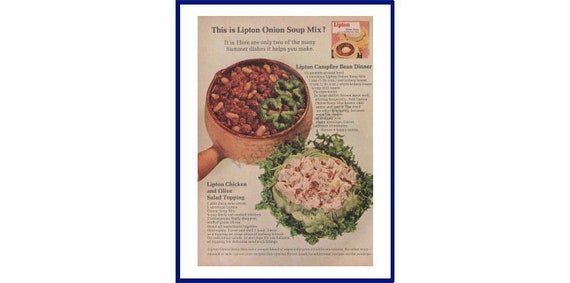 LIPTON ONION SOUP Mix Original 1965 Vintage Color Print Advertisement  Campfire Bean Dinner & Chicken and Olive Salad Topping Recipes 
