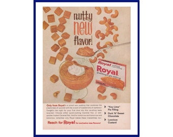 ROYAL CARAMEL NUT Pudding & Pie Filling Original 1964 Vintage Color Print Advertisement - "Nutty New Flavor!" Toasted Cashews