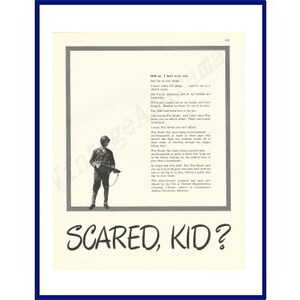 May include: Vintage print featuring a black and white illustration of a young person holding a rifle, set against a backdrop of text. The phrase "SCARED, KID?" is boldly displayed at the bottom, creating a thought-provoking composition.
