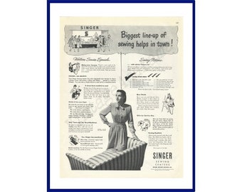 SINGER SEWING Center Original 1943 Vintage Extra Large Black & White Print Advertisement  "Biggest Line-Up of Sewing Helps in Town!" WWII