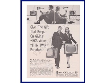 RCA Victor "Thin Twin" Portable Televisions Original 1959 Vintage Black & White Print Advertisement - College / University Students