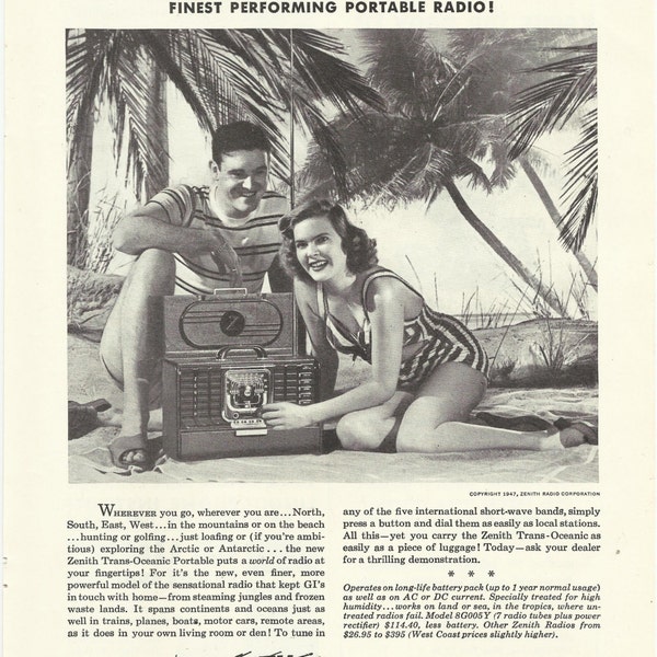 Zenith Radio Trans Oceanic Portable Original 1947 Vintage Print Ad Black & White Photo Post War Happier Holidays Beach Vacation Young Couple