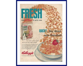 KELLOGG'S CORN FLAKES Breakfast Cereal Original 1953 Vintage Extra Large Color Print Advertisement "Fresh From Kellogg's Of Battle Creek"