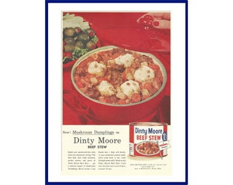 DINTY MOORE Beef Stew Original 1957 Vintage Color Print Advertisement - Red Stew Pot w/ Mushroom Dumplings Recipe; Hormel Canned Food