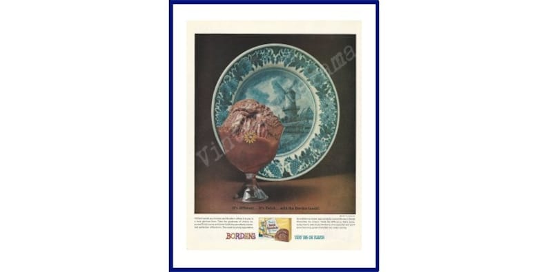 BORDEN/'S DUTCH CHOCOLATE Ice Cream Original 1962 Vintage Extra Large Color Print Ad One Scoop in a Dessert Glass with a Delft Blue Plate