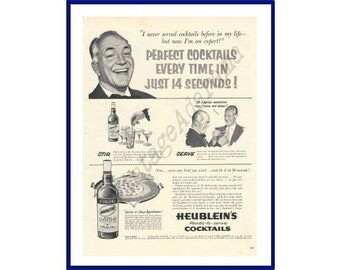 HEUBLEIN&#39;S Ready-To-Serve COCKTAILS Original 1953 Vintage Extra Large Print Advertisement &quot;Perfect Cocktails Every Time In Just 14 Seconds!&quot;