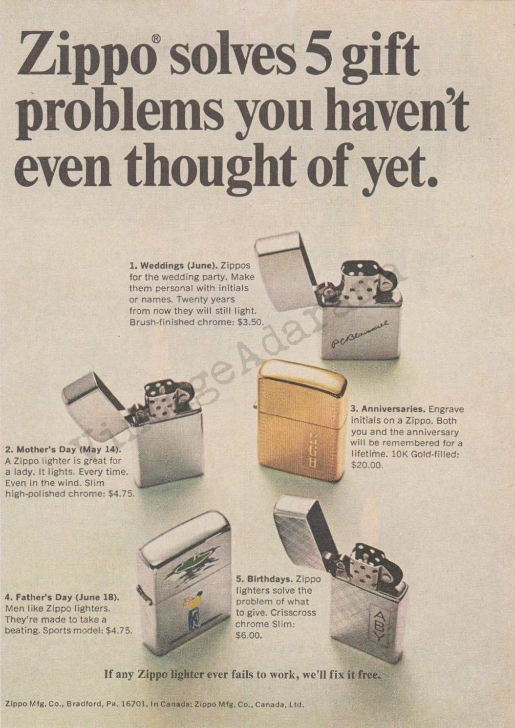 ZIPPO LIGHTERS Original 1967 Vintage Color Print ZIPPO LIGHTERS Original 1967 Vintage Color Print