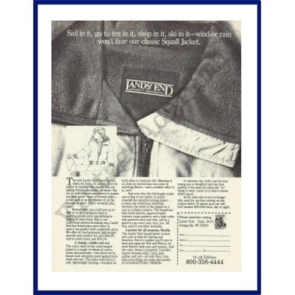 LANDS' END Squall Jacket Original 1987 Vintage Print Advertisement "Sail in it, go to tea in it, shop in it, ski in it - wind or rain . . ."