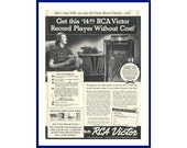 RCA VICTOR Record Player Original 1938 Vintage Extra Large Black White Print Advertisement - Victor Record Society