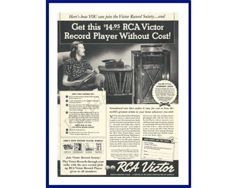 RCA VICTOR Record Player Original 1938 Vintage Extra Large Black & White Print Advertisement - Victor Record Society