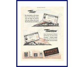 PHILCO CORPORATION TVs, Refrigerators, Radios Original 1944 Vintage Print Advertisement "Today Tomorrow" WWII War Bonds