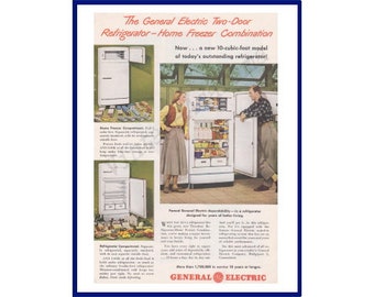 GENERAL ELECTRIC Two Door Home Refrigerator / Freezer Original 1948 Vintage Print Advertisement - Couple Admiring Refrigerator Full of Food