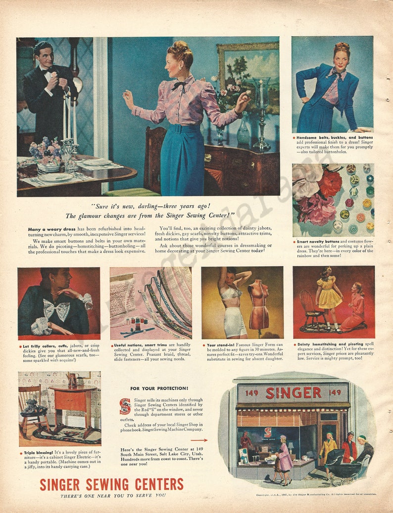 SINGER SEWING CENTER Original 1947 Vintage Extra Large Color Print Ad