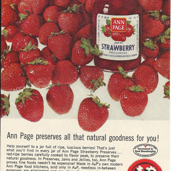 A & P Strawberry Preserves Original 1961 Vintage Print Ad Color Photo Red Jam Jelly Ann Page Atlantic and Pacific Tea Company