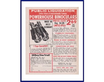 BINOCULARS / THORESEN INC. Original 1964 Vintage Print Ad "Public Liquidation Entire Stock Of Internationally Famous Powerhouse Binoculars"