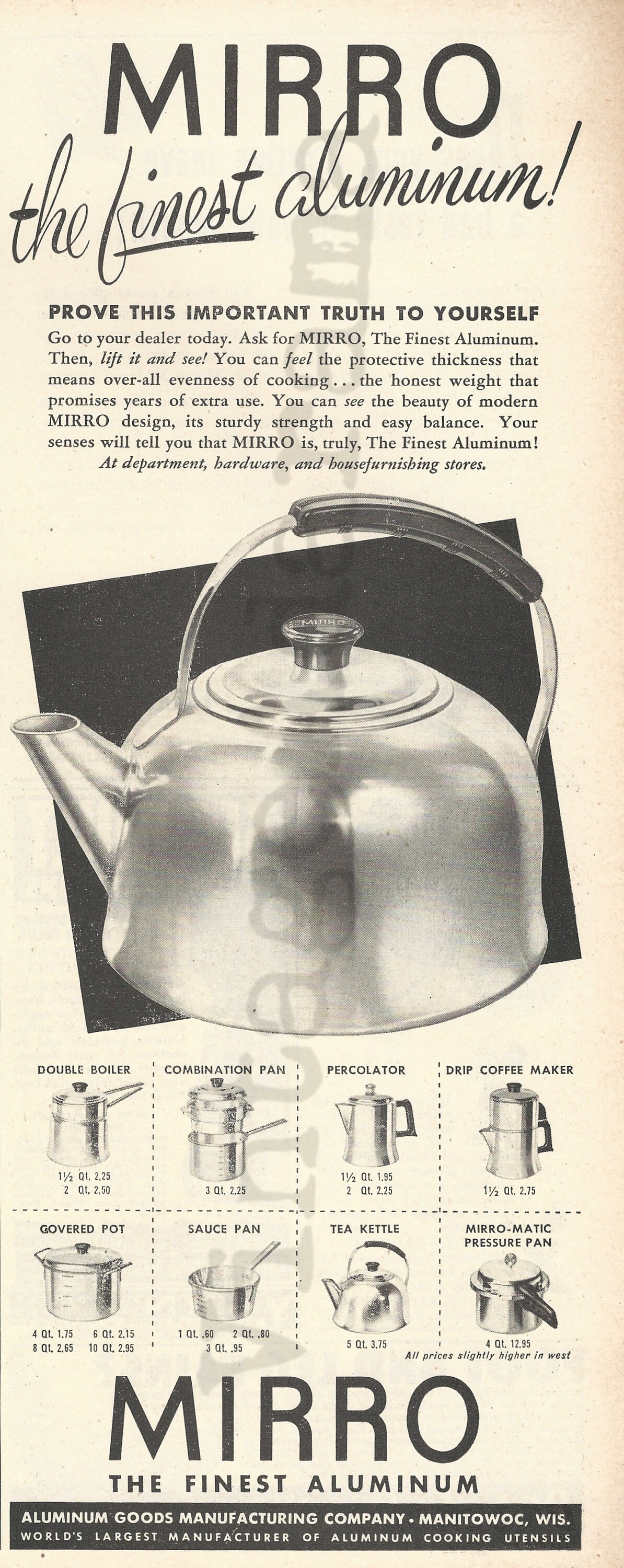 MIRRO ALUMINUM Tea Kettle Original 1947 Vintage Black White