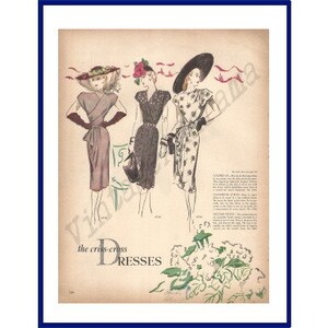 May include: Vintage fashion illustration featuring three women in dresses and hats. The dresses are in shades of purple, black, and white with polka dots. The text "the cross-cross DRESSES" is at the bottom of the image. The image is framed in a blue border.