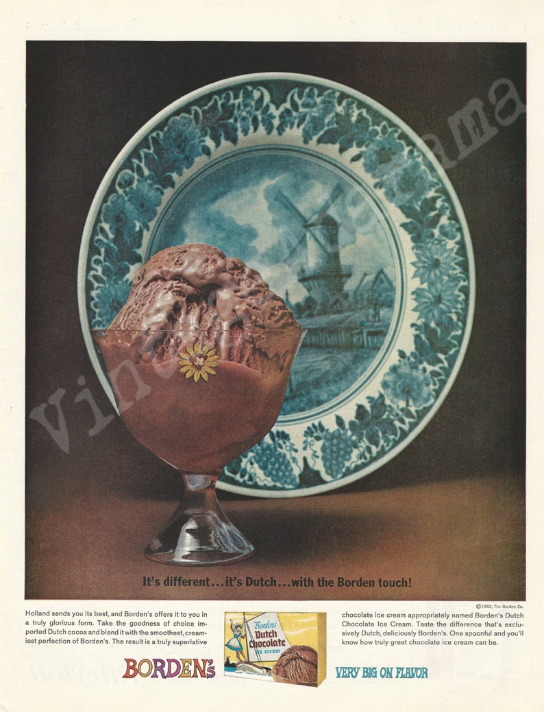 BORDEN/'S DUTCH CHOCOLATE Ice Cream Original 1962 Vintage Extra Large Color Print Ad One Scoop in a Dessert Glass with a Delft Blue Plate