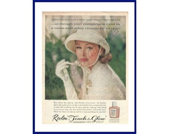 REVLON "Touch & Glow" Liquid Make Up Original 1962 Vintage Extra Large Color Print Advertisement -  Fashionable Lady Dressed in White