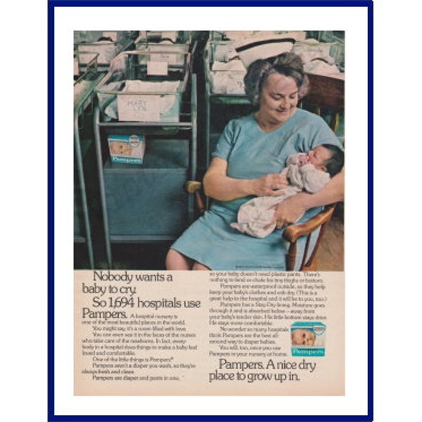 PAMPERS DISPOSABLE DIAPERS Original 1973 Vintage Color Print Advertisement "Nobody Wants A Baby To Cry. So 1,694 Hospitals Use Pampers."