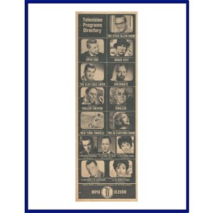 May include: A vintage newspaper advertisement titled "Television Programs Directory" featuring headshots of actors and show titles. The ad includes the text "Week 11" and the station call letters WPIX. The ad is framed in a blue border.