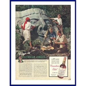 CANADIAN CLUB WHISKY Original 1938 Vintage Extra Large Color Print Advertisement &quot;Deep In Guatemalan Jungles&quot; Quirigua * Giant Stone Head